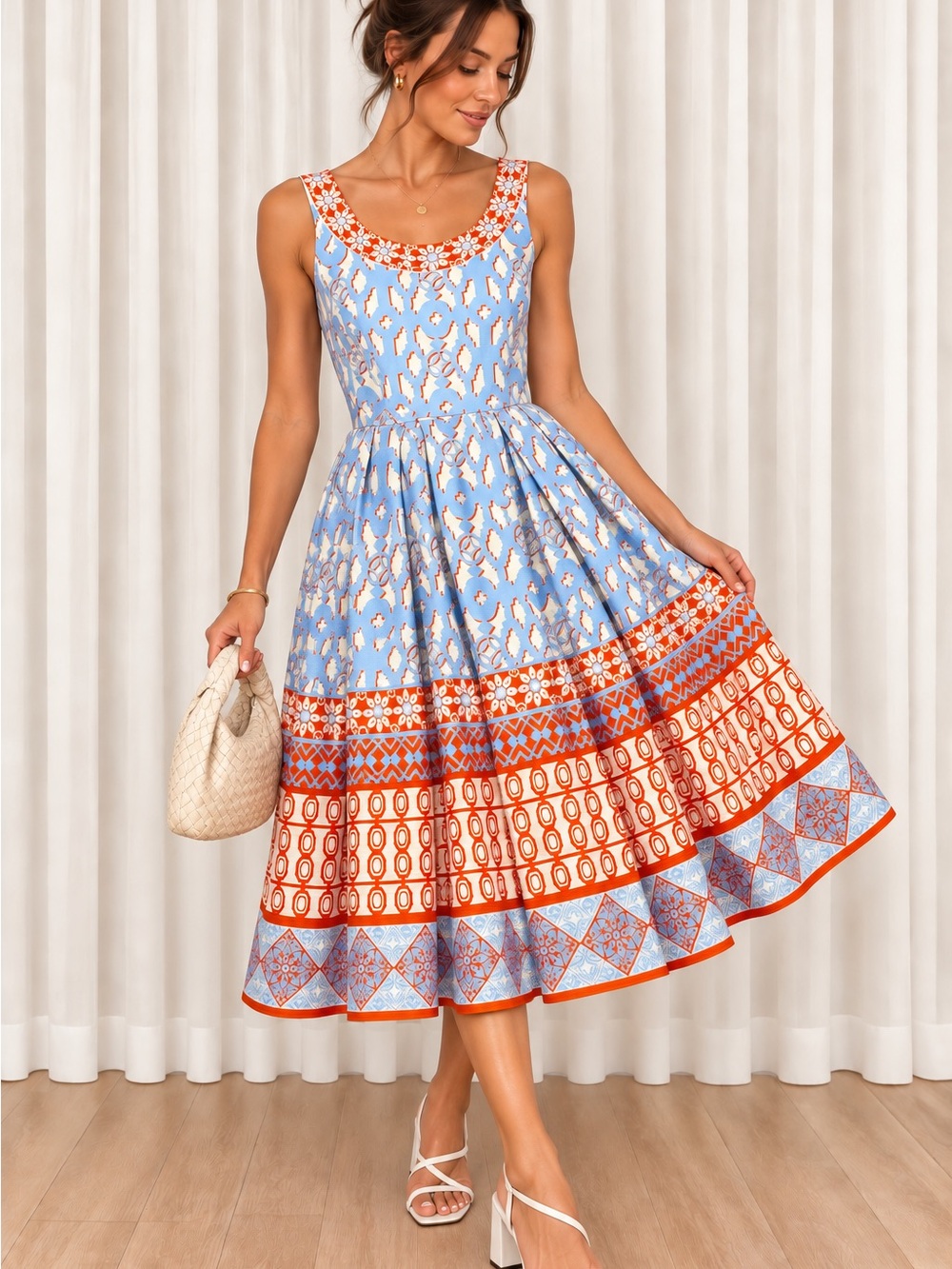 NWOT Champagne & Strawberry Blue & Orange Geometric Fit & Flare Midi Dress S
